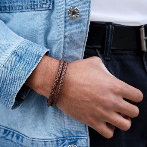 RTZN® Brown Leather Bracelet for Men – Premium Artisan Handcrafted Double Strand Braided Leather Bracelet – Authentic Stacked Brown Mens Leather Bracelet (Medium) in Saudi Arabia