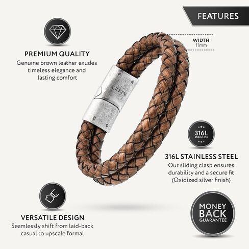 RTZN® Brown Leather Bracelet for Men – Premium Artisan Handcrafted Double Strand Braided Leather Bracelet – Authentic Stacked Brown Mens Leather Bracelet (Medium) in Saudi Arabia