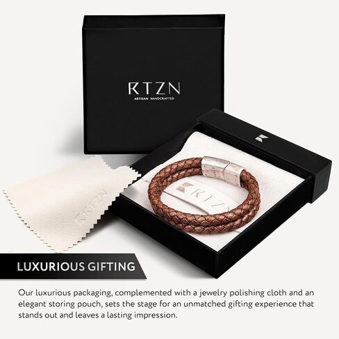 RTZN® Brown Leather Bracelet for Men – Premium Artisan Handcrafted Double Strand Braided Leather Bracelet – Authentic Stacked Brown Mens Leather Bracelet (Medium) in Saudi Arabia