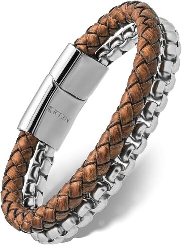 RTZN® Brown Leather Bracelet for Men – Premium Artisan Handcrafted Double Strand Braided Leather Bracelet – Authentic Stacked Brown Mens Leather Bracelet (Medium) in Kuwait