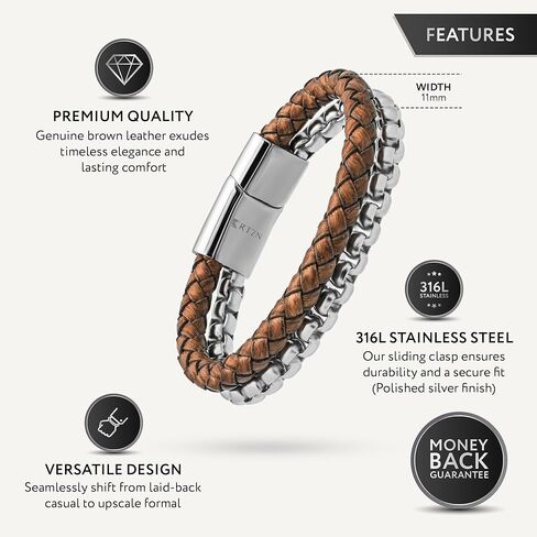 RTZN® Brown Leather Bracelet for Men – Premium Artisan Handcrafted Double Strand Braided Leather Bracelet – Authentic Stacked Brown Mens Leather Bracelet (Medium) in Kuwait