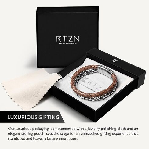 RTZN® Brown Leather Bracelet for Men – Premium Artisan Handcrafted Double Strand Braided Leather Bracelet – Authentic Stacked Brown Mens Leather Bracelet (Medium) in Kuwait