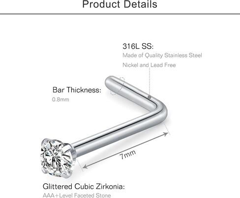 Mayhoop 20G Stainless Steel Nose Rings Nose Studs L Shape Nose Rings Studs Nose Screw Bone Diamond Heart Corkscrew Nose Ring Nostril Nose Piercing Jewelry for Women Men in Saudi Arabia