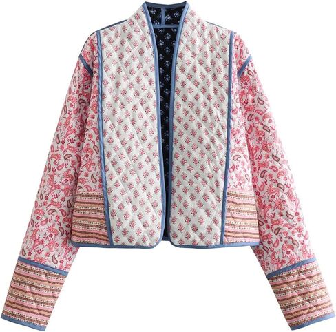 Wyeysyt Women's Cropped Puffer Quilted Jacket Cardigan Floral Printed Lightweight Long Sleeve Open Front Short Padded Coats in Kuwait
