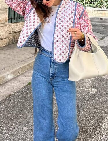 Wyeysyt Women's Cropped Puffer Quilted Jacket Cardigan Floral Printed Lightweight Long Sleeve Open Front Short Padded Coats in Kuwait