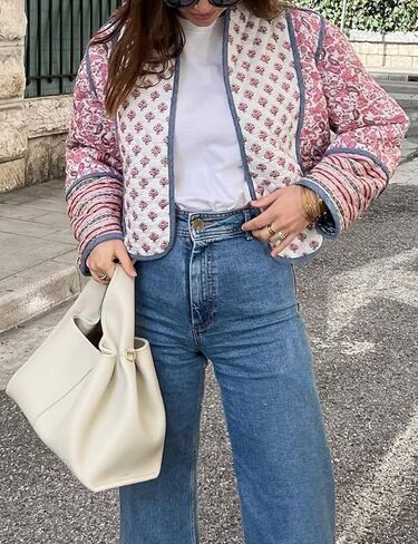 Wyeysyt Women's Cropped Puffer Quilted Jacket Cardigan Floral Printed Lightweight Long Sleeve Open Front Short Padded Coats in Kuwait
