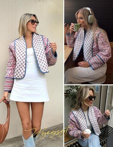 Wyeysyt Women's Cropped Puffer Quilted Jacket Cardigan Floral Printed Lightweight Long Sleeve Open Front Short Padded Coats in Kuwait