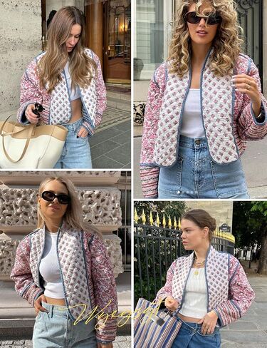 Wyeysyt Women's Cropped Puffer Quilted Jacket Cardigan Floral Printed Lightweight Long Sleeve Open Front Short Padded Coats in Kuwait