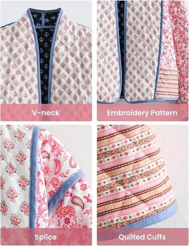 Wyeysyt Women's Cropped Puffer Quilted Jacket Cardigan Floral Printed Lightweight Long Sleeve Open Front Short Padded Coats in Kuwait