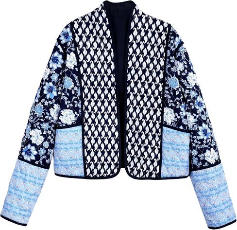 Wyeysyt Women's Cropped Puffer Quilted Jacket Cardigan Floral Printed Lightweight Long Sleeve Open Front Short Padded Coats in Kuwait