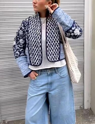 Wyeysyt Women's Cropped Puffer Quilted Jacket Cardigan Floral Printed Lightweight Long Sleeve Open Front Short Padded Coats in Kuwait
