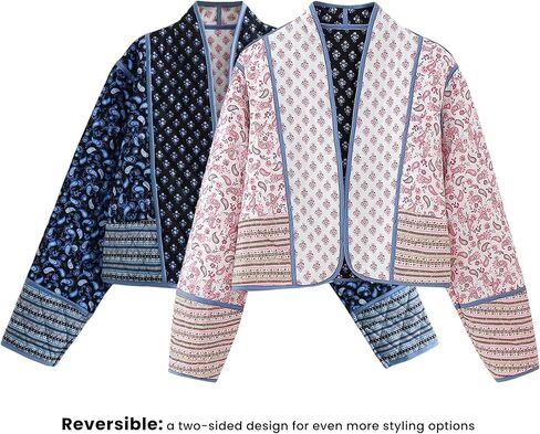 Omoone Women's Cropped Floral Quilted Jacket Cardigan Printed Lightweight Open Front Padded Puffer Coat in Saudi Arabia