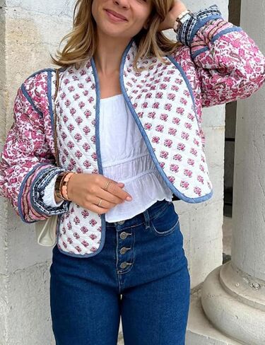 Omoone Women's Cropped Floral Quilted Jacket Cardigan Printed Lightweight Open Front Padded Puffer Coat in Saudi Arabia
