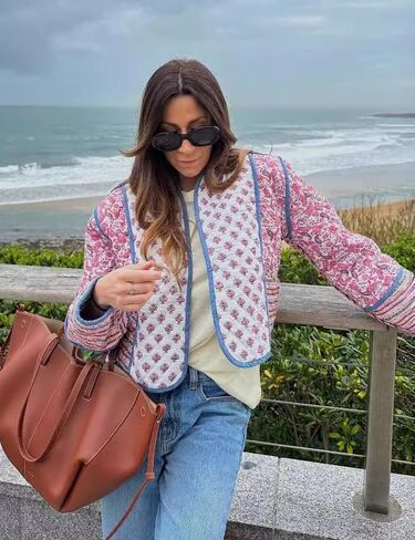 Omoone Women's Cropped Floral Quilted Jacket Cardigan Printed Lightweight Open Front Padded Puffer Coat in Saudi Arabia