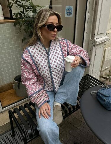 Omoone Women's Cropped Floral Quilted Jacket Cardigan Printed Lightweight Open Front Padded Puffer Coat in Saudi Arabia