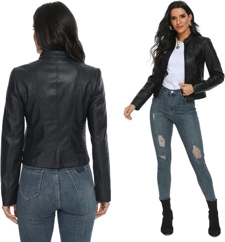 Fahsyee Black Faux Leather Jackets for Women Motorcycle PU Moto Biker Outwear Coat in Kuwait