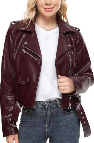 Fahsyee Faux Leather Jacket for Women, Vegan Jackets Moto Biker Motocycle Coat in Kuwait