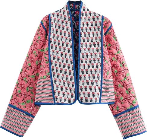 Omoone Women's Cropped Floral Quilted Jacket Cardigan Printed Lightweight Open Front Padded Puffer Coat in Saudi Arabia