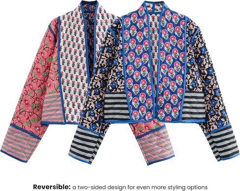Omoone Women's Cropped Floral Quilted Jacket Cardigan Printed Lightweight Open Front Padded Puffer Coat in Saudi Arabia