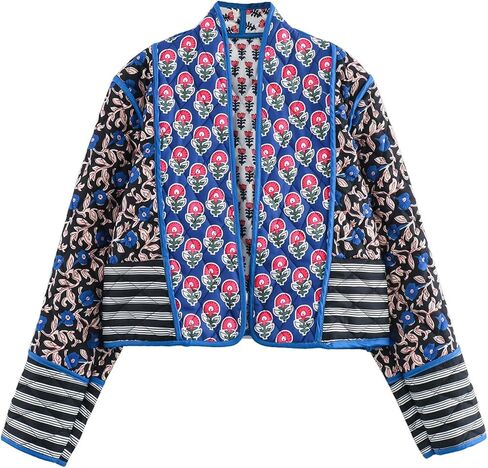 Omoone Women's Cropped Floral Quilted Jacket Cardigan Printed Lightweight Open Front Padded Puffer Coat in Saudi Arabia