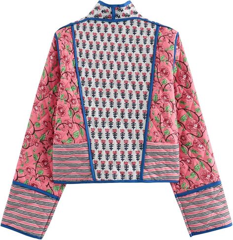 Omoone Women's Cropped Floral Quilted Jacket Cardigan Printed Lightweight Open Front Padded Puffer Coat in Saudi Arabia