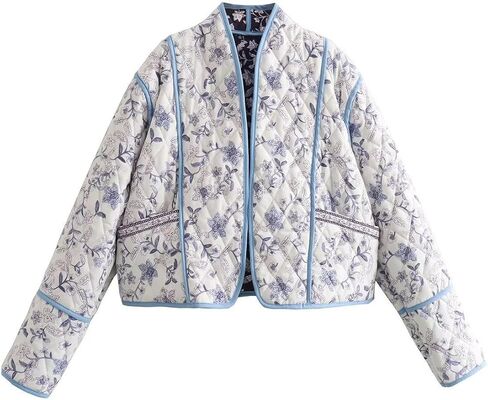Omoone Women's Cropped Floral Quilted Jacket Cardigan Printed Lightweight Open Front Padded Puffer Coat in Saudi Arabia