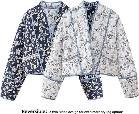 Omoone Women's Cropped Floral Quilted Jacket Cardigan Printed Lightweight Open Front Padded Puffer Coat in Saudi Arabia