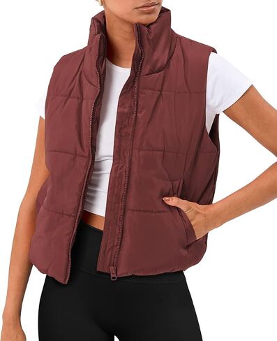AUTOMET Puffer Vest Women Sleeveless Winter Cropped Outerwear Warm Puffer Lightweight Stand-up Collar Down with Pockets in Saudi Arabia