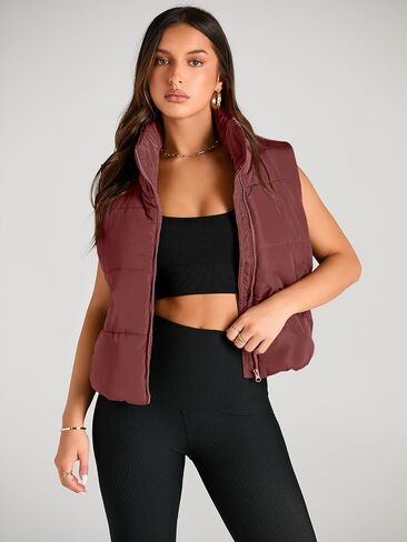 AUTOMET Puffer Vest Women Sleeveless Winter Cropped Outerwear Warm Puffer Lightweight Stand-up Collar Down with Pockets in Saudi Arabia
