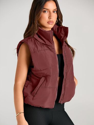 AUTOMET Puffer Vest Women Sleeveless Winter Cropped Outerwear Warm Puffer Lightweight Stand-up Collar Down with Pockets in Saudi Arabia