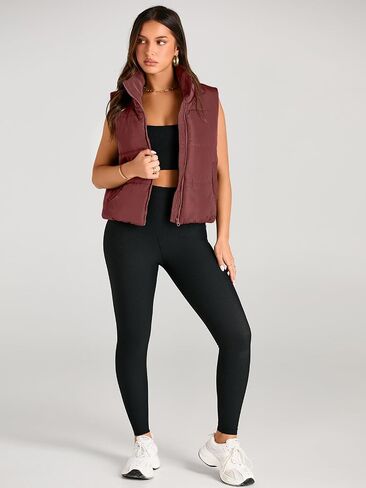 AUTOMET Puffer Vest Women Sleeveless Winter Cropped Outerwear Warm Puffer Lightweight Stand-up Collar Down with Pockets in Saudi Arabia