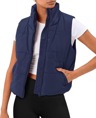 AUTOMET Puffer Vest Women Sleeveless Winter Cropped Outerwear Warm Puffer Lightweight Stand-up Collar Down with Pockets in Saudi Arabia