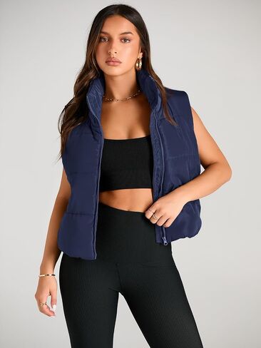 AUTOMET Puffer Vest Women Sleeveless Winter Cropped Outerwear Warm Puffer Lightweight Stand-up Collar Down with Pockets in Saudi Arabia