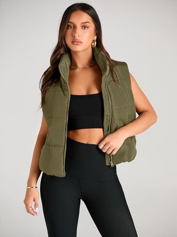 AUTOMET Puffer Vest Women Sleeveless Winter Cropped Outerwear Warm Puffer Lightweight Stand-up Collar Down with Pockets in Kuwait