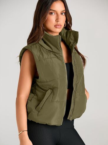 AUTOMET Puffer Vest Women Sleeveless Winter Cropped Outerwear Warm Puffer Lightweight Stand-up Collar Down with Pockets in Kuwait