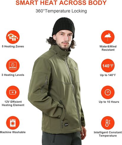 DEWBU Soft Shell Heated Jacket for Men with 12V Battery Pack and Detachable Hood Outdoor Electric Heating Coat in Kuwait