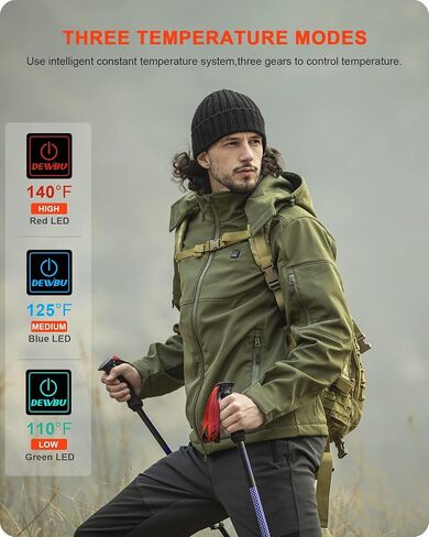 DEWBU Soft Shell Heated Jacket for Men with 12V Battery Pack and Detachable Hood Outdoor Electric Heating Coat in Kuwait