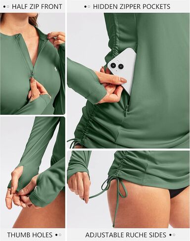 Soothfeel Women's Long Sleeve UV Sun Protection Rash Guard Shirts UPF 50+ Swim Shirt Swimsuits Top for Women with Zip Pockets in Kuwait