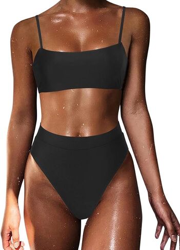 MOSHENGQI Women High Wasited Bikini Shoulder Strap 2 Piece High Cut String Swimsuits in Kuwait