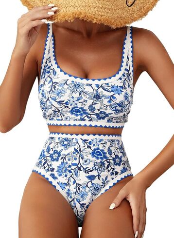 Herseas Women's Bikini Sets Floral Print Whip Stitch 2 Piece Swimsuits High Waisted Scoop Bathing Suits in Kuwait