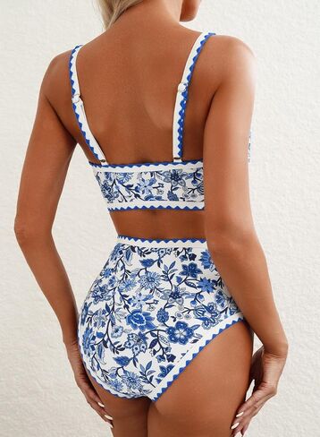 Herseas Women's Bikini Sets Floral Print Whip Stitch 2 Piece Swimsuits High Waisted Scoop Bathing Suits in Kuwait