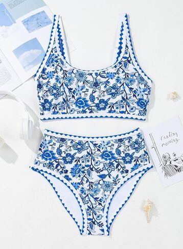 Herseas Women's Bikini Sets Floral Print Whip Stitch 2 Piece Swimsuits High Waisted Scoop Bathing Suits in Kuwait