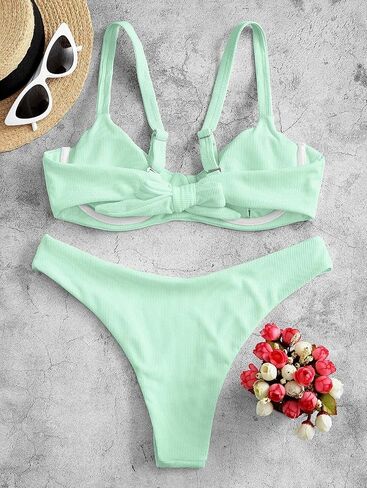 ZAFUL المرأة مضلع Underwire بيكيني مجموعة عالية قطع Colorblock V الشق ملابس السباحة المطبوعة عالية الساق ملابس السباحة in Saudi Arabia
