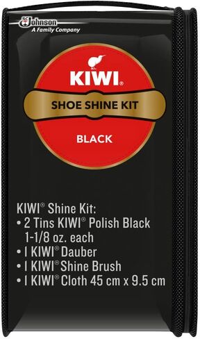 مجموعة تلميع الأحذية كيوي، باللون الأسود - تمنح الأحذية لمعانًا وحماية يدوم طويلاً (2 علبة، 1 فرشاة، 1 دابر، 1 قطعة قماش) in Kuwait