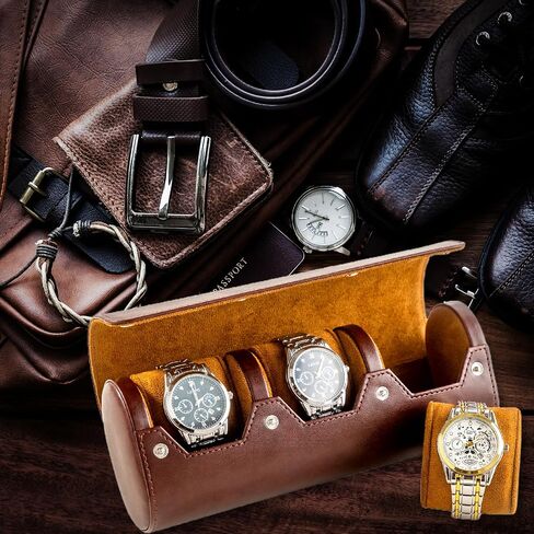 3 Watch Travel Case - Classic Leather Watch Case With Perfect Texture.(Watch Carrying Case Or Organizer For Storage And Display). Mens Watch Case for Travel Handcrafted by Craftsmen in Saudi Arabia