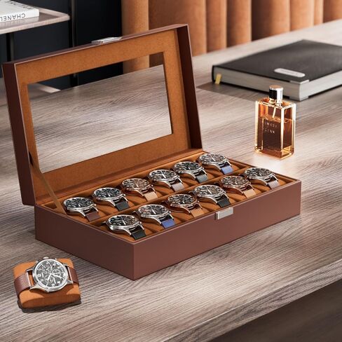 ProCase Watch Box Organizer for Men, 12 Slot Watch Display Case With Glass Lid, PU Leather Watch Storage Mens Watch Case, Watch Holder Organizer for Men Women -12 Slot, Brown in Saudi Arabia