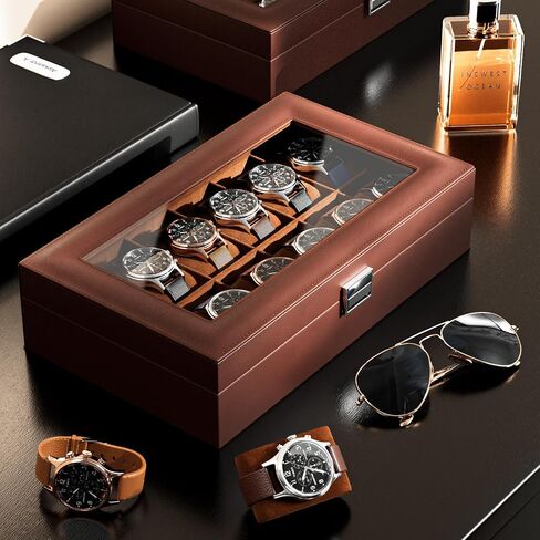 ProCase Watch Box Organizer for Men, 12 Slot Watch Display Case With Glass Lid, PU Leather Watch Storage Mens Watch Case, Watch Holder Organizer for Men Women -12 Slot, Brown in Saudi Arabia