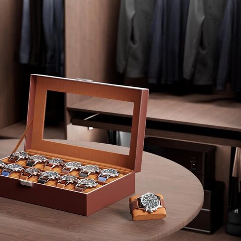 ProCase Watch Box Organizer for Men, 12 Slot Watch Display Case With Glass Lid, PU Leather Watch Storage Mens Watch Case, Watch Holder Organizer for Men Women -12 Slot, Brown in Saudi Arabia