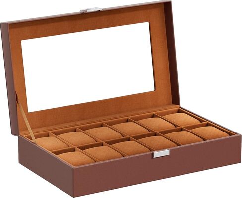 ProCase Watch Box Organizer for Men, 12 Slot Watch Display Case With Glass Lid, PU Leather Watch Storage Mens Watch Case, Watch Holder Organizer for Men Women -12 Slot, Brown in Saudi Arabia