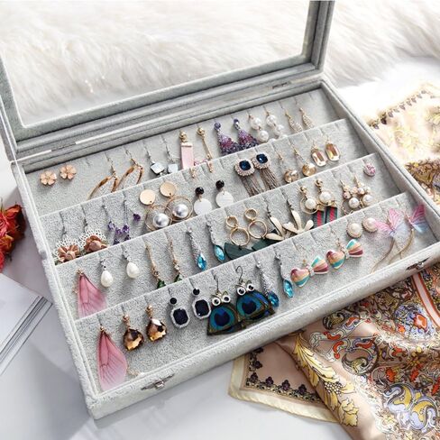 Wudygirl Velvet Jewelry Organizer Clear Lid Earring Holder Organizer 32 Pairs Earrings Storage Stud Tray Showcase Display Case（Earring Storage） in Saudi Arabia